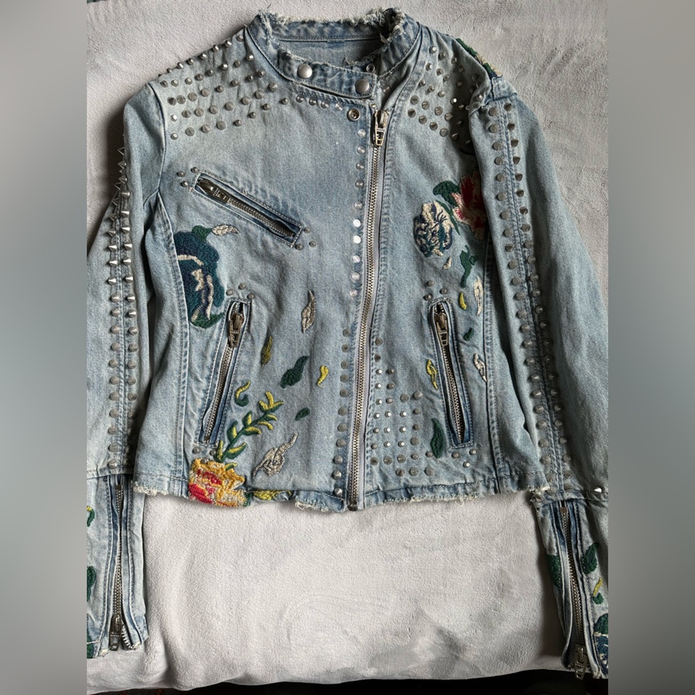 Embroidered studded jean jacket